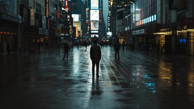 Une figure solitaire s'aventure à travers une Times Square déserte sous un crépuscule énigmatique.