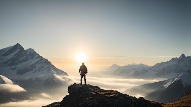Une figure solitaire se tient sur le bord de la montagne au lever du soleil embrassant la nature majestueuse de l'IA