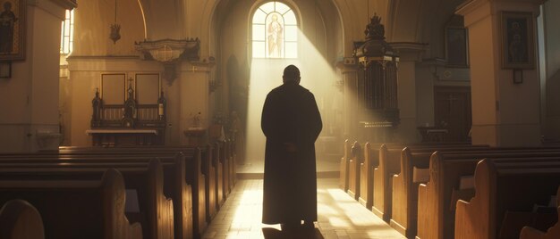 Une figure solitaire en tenue monastique se tient dans une église baignée dans la lumière éthérée du soleil.