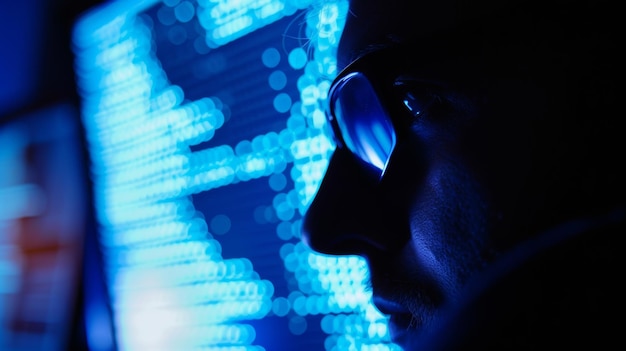 Photo une figure sombre cachée derrière un écran d'ordinateur illustrant l'anonymat de l'espionnage informatique