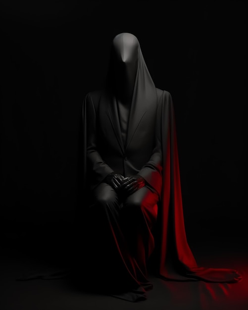 Une figure sombre avec une cape noire et un fond rouge