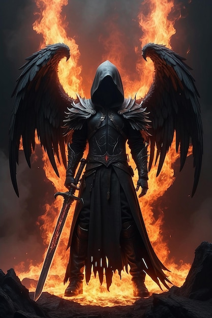 Une figure sombre avec un long manteau noir se tient à côté d'un feu avec le mot mort dessus