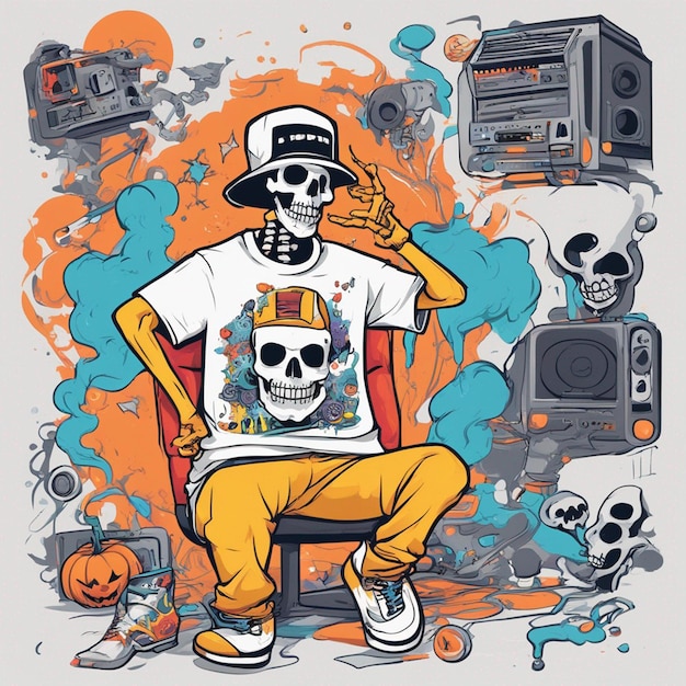 Une figure squelettique avec un t-shirt avec un design hiphop classique pour Halloween