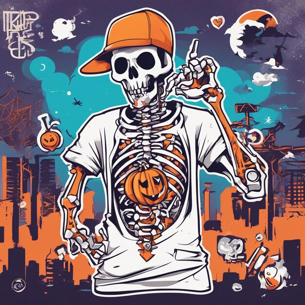 Une figure squelettique avec un t-shirt avec un design hiphop classique pour Halloween