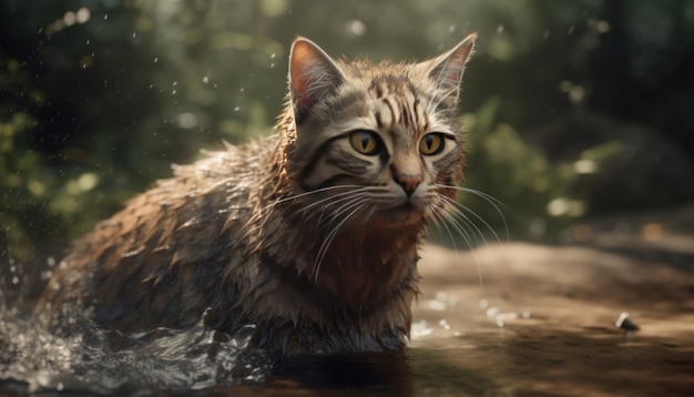 Figures d'animaux dans l'eau avec feu ou effet d'eau figure de chat figure de lion chaton et bébé lion Generative Ai