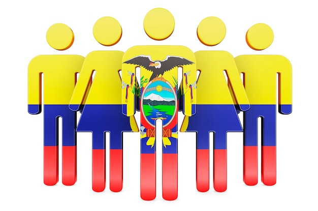 Figures de bâton avec drapeau équatorien Communauté sociale et citoyens de l'Équateur Rendering 3D isolé sur fond blanc