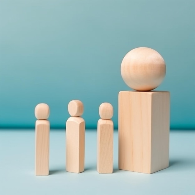 Figures en bois avec un cube sur un fond bleu