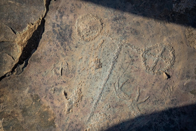 Figures dessinées sur le mur de pierre peinture rupestre dans la montagne de la république de l'altaï en russie