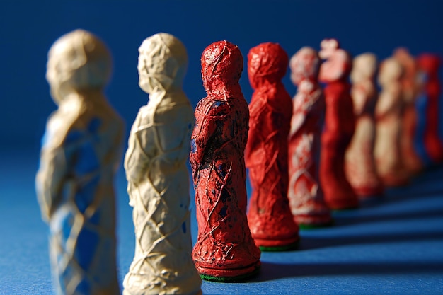 Photo figures d'échecs en bois sur fond bleu focus sélectif