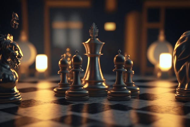 Figures d'échecs dans une salle magique sombre avec lumière de bougie sur fond