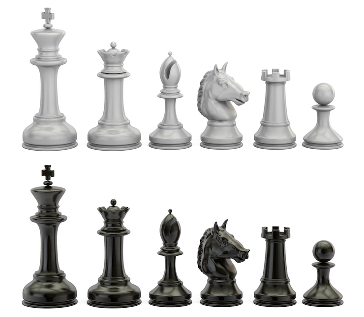 Photo figures d'échecs noires et blanches dans le rendu 3d de la rangée