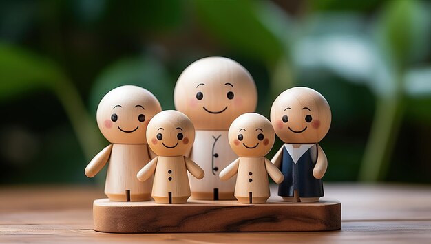 Figures de famille en bois avec des visages souriants sur fond en bois