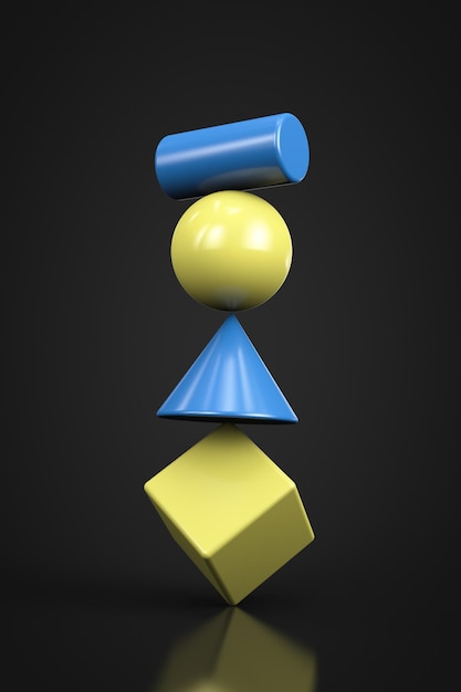 Figures géométriques cube cône sphère et cylindre en équilibre l'un sur l'autre Équilibre instable