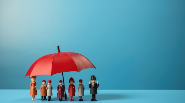 Figures en plastique sous la forme d'une famille protégée par un parapluie rouge Concept d'assurance Créé avec la technologie Generative AI