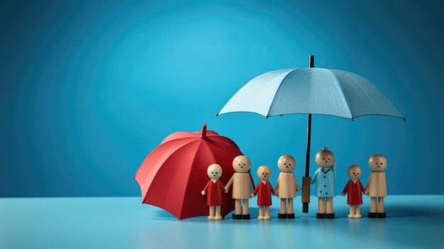 Figures en plastique sous la forme d'une famille protégée par un parapluie rouge Concept d'assurance Créé avec la technologie Generative AI