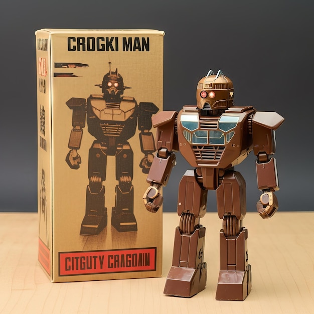 une figurine d'action super robot marron dans un emballage IA générative des années 1990