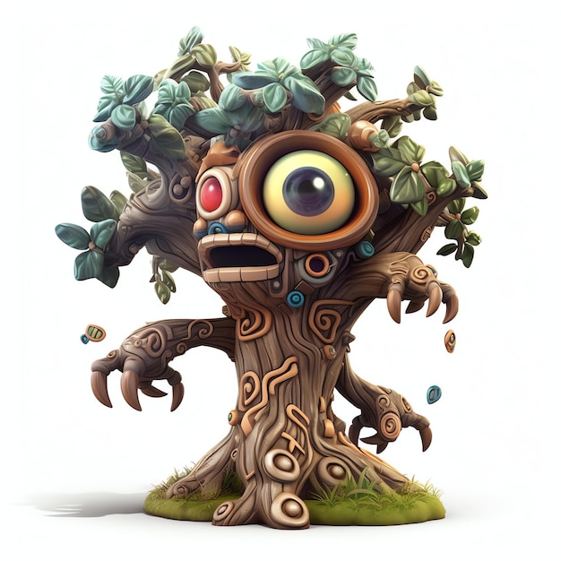Une figurine d'un arbre avec un visage et des yeux dessus