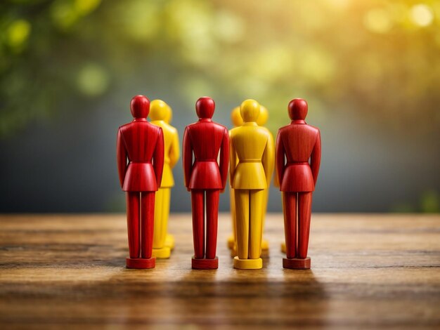 Figurine en bois rouge debout dans un groupe d'équipe en bois jaune