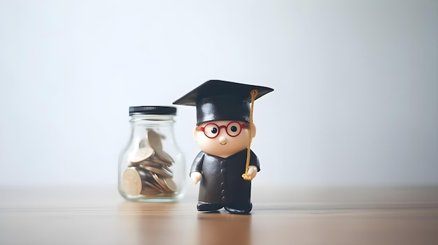 Une figurine avec un bonnet de graduation et un pot de pièces à côté