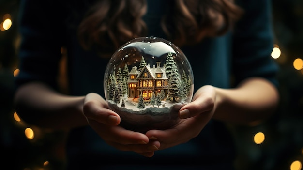 figurine d'une boule de verre avec un paysage hivernal et une maison entre les mains Noël 2024