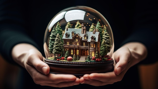 figurine d'une boule de verre avec un paysage hivernal et une maison entre les mains Noël 2024