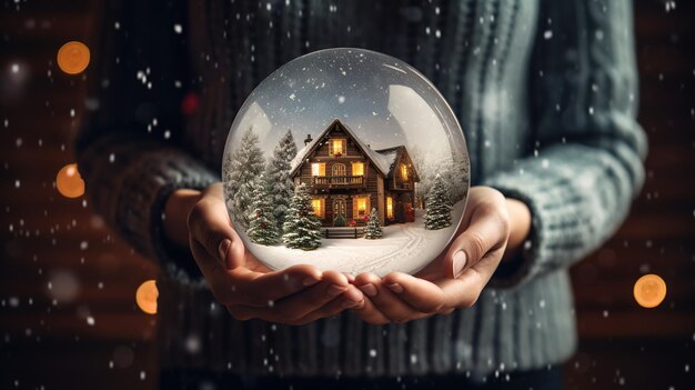 figurine d'une boule de verre avec un paysage hivernal et une maison entre les mains Noël 2024