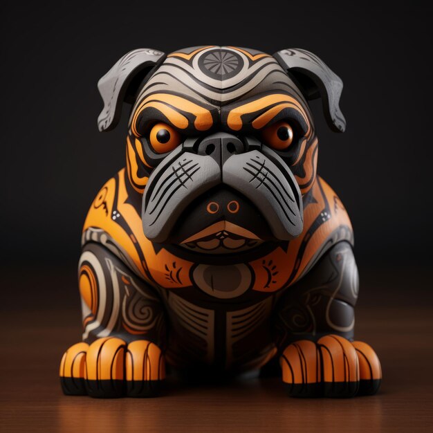 Figurine de bulldog inspirée des Maoris dans des couleurs vives orange et noir