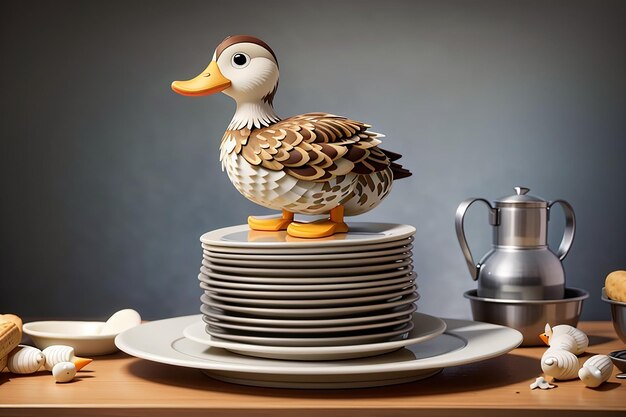 Photo une figurine de canard est assise sur une pile d'assiettes