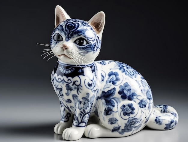 Figurine de chat mignon en porcelaine de couleur bleue et blanche