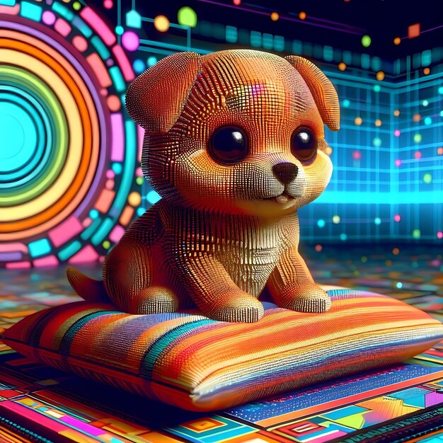 une figurine de chien est assise sur un tapis avec un motif d'arc-en-ciel en arrière-plan