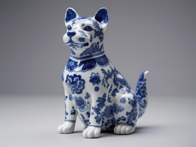 Figurine de chien mignon en porcelaine bleue et blanche sur fond blanc