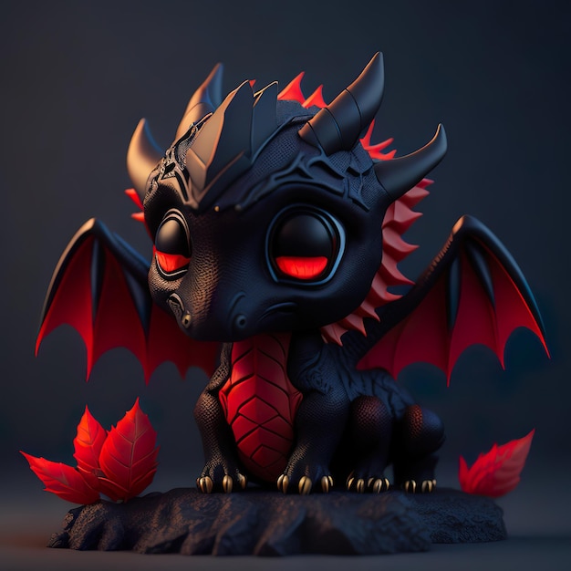 Une figurine de dragon noir avec des ailes rouges et une tête noire.