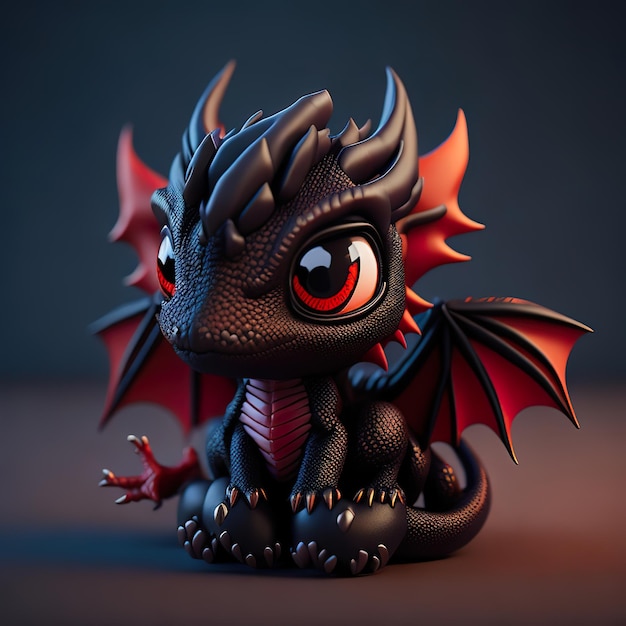 Une figurine de dragon noir aux yeux rouges et un œil rouge.