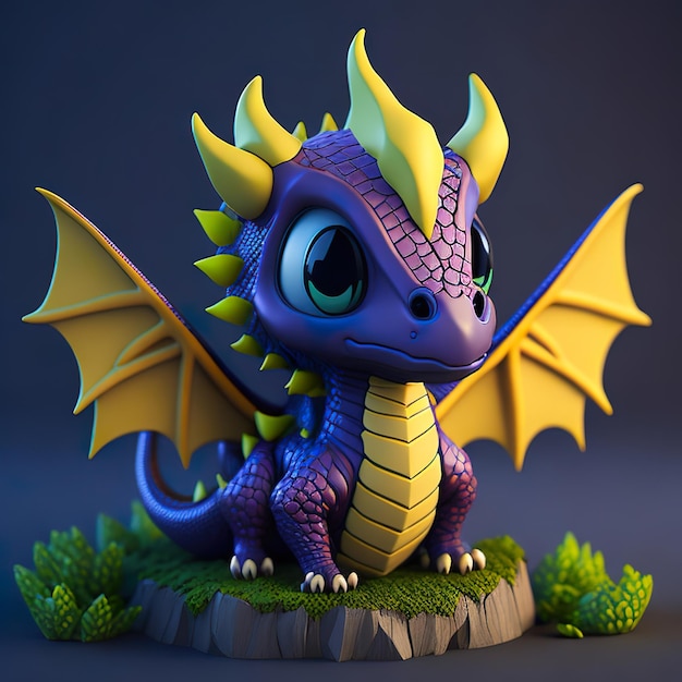 Photo une figurine de dragon violet avec des ailes jaunes et une queue jaune.