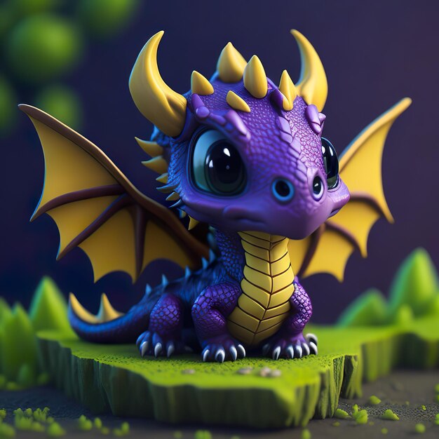 Une figurine de dragon violet avec une queue et des ailes jaunes.