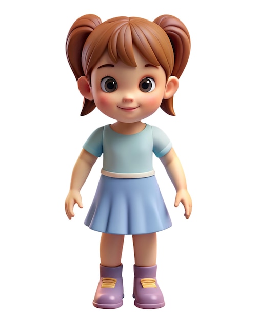 une figurine d'une fille avec une chemise bleue et des chaussures violettes