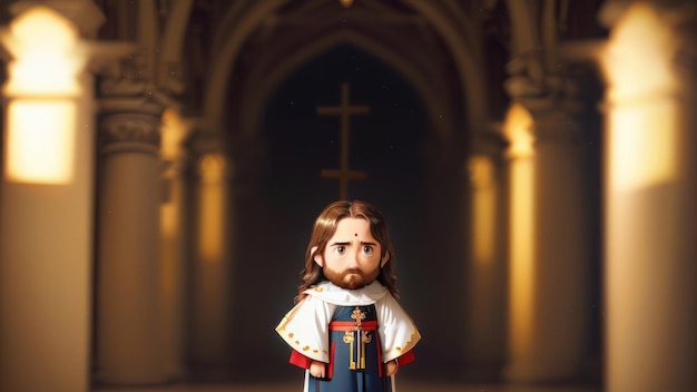 Une figurine de Jésus se tient devant une église avec une croix au sommet.