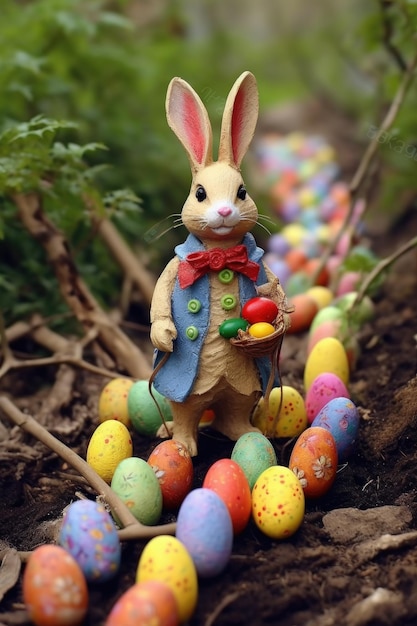 Figurine de lapin de Pâques avec une traînée d'œufs dans un jardin créé avec une IA générative