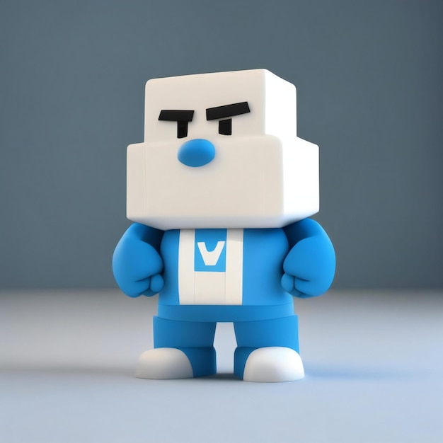 une figurine Lego avec une chemise bleue et une chemise blanche avec un point bleu dessus.