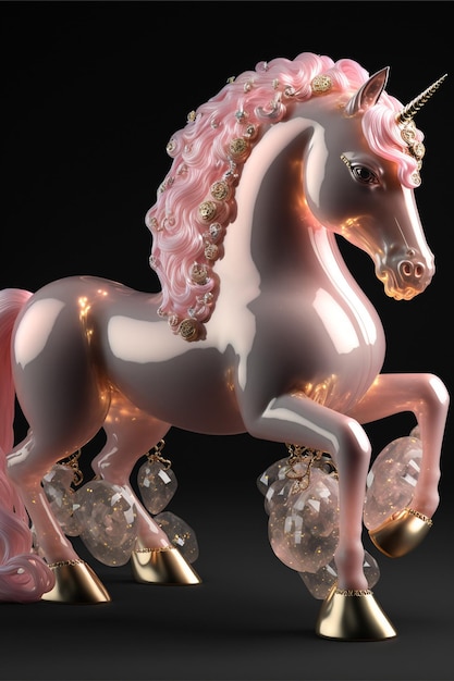 Figurine licorne rose et or sur fond noir ai générative