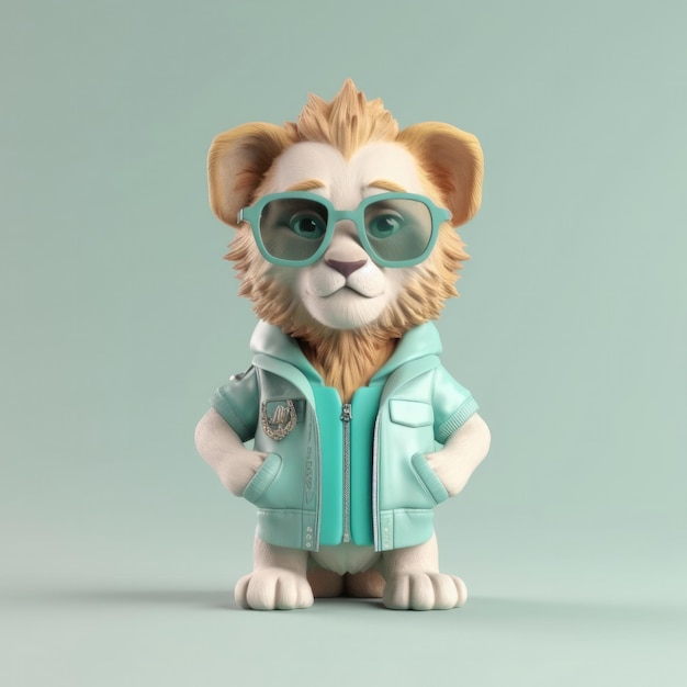 Une figurine de lion jouet avec une veste verte et des lunettes de soleil.