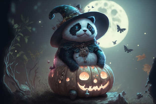 Figurine de panda aquarelle animale mignonne représentée comme une sorcière sur la lune pour Halloween