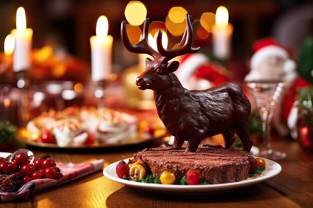 Une figurine de renne de Noël sur une table de fête