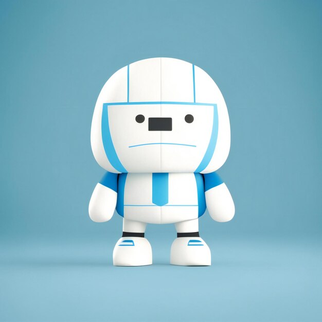 une figurine de robot blanc avec une chemise bleue et des chaussettes blanches.