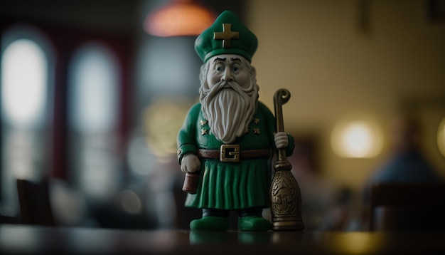 Une figurine d'un saint avec une canne à la main