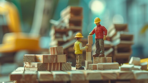 Photo des figurines de bâtisseurs en miniature célèbrent la fête du travail avec des blocs de bois