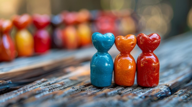 Photo des figurines en bois colorées de personnes en rangée focus sélectif