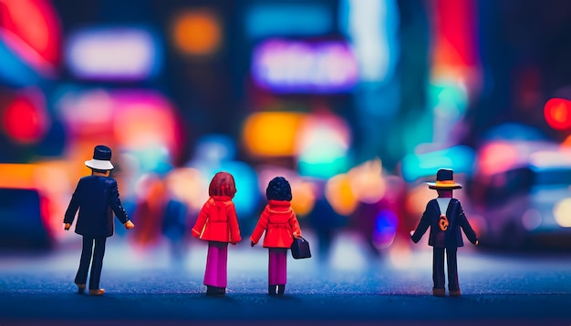 Figurines de jouets se tenant la main marchant sur le trottoir dans une ville animée