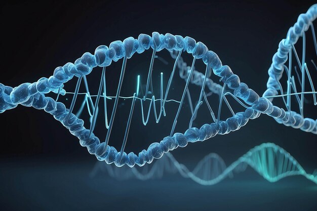 Un fil d'ADN bleu généré numériquement avec une ligne ECG 3d