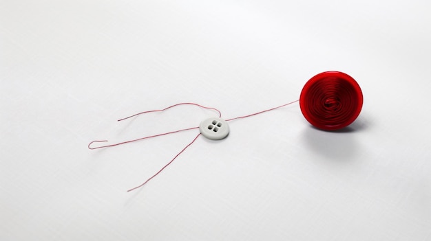 Photo un fil d'aiguille à coudre et un bouton rouge sur un tissu blanc